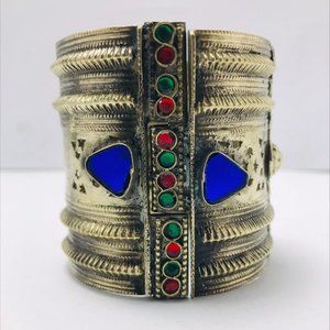 single  Tribal Cuff, Vintage Kuchi Cuff Bracelet With Blue Glass Stones